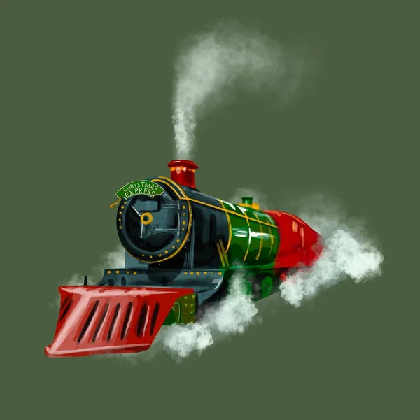 Watercolor Christmas train isolated on a green background — Stock Photo, Image