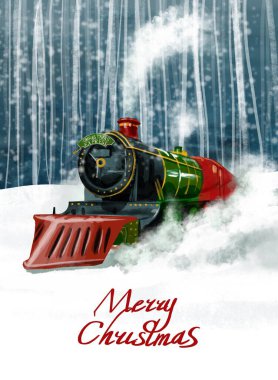 Noel kartı. Karlı bir ormanın arka planına karşı Noel treni. Mutlu Noeller.