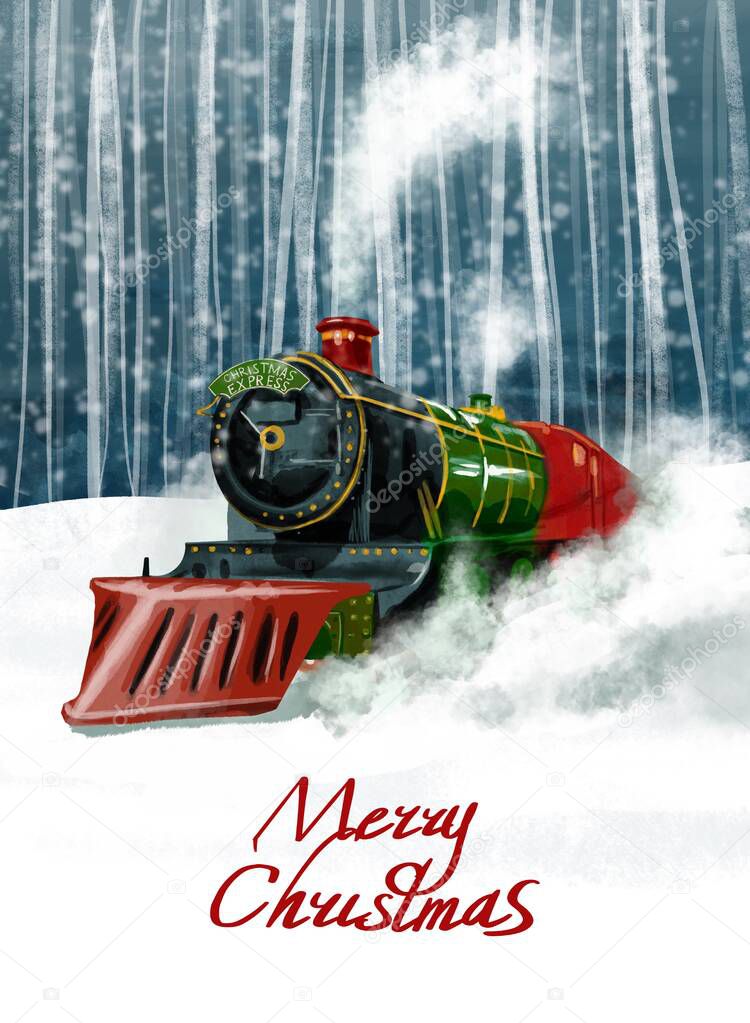 Christmas card. Christmas train against the backdrop of a snowy forest. Merry Christmas