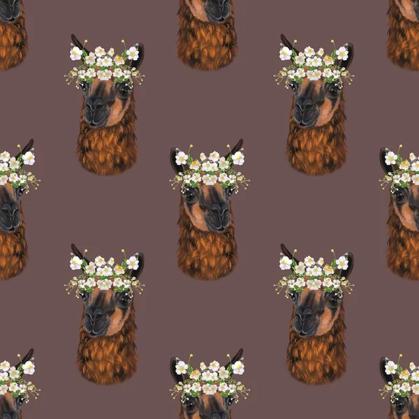 Aquarel naadloos patroon van Lama en Alpaca in bloemen — Stockfoto