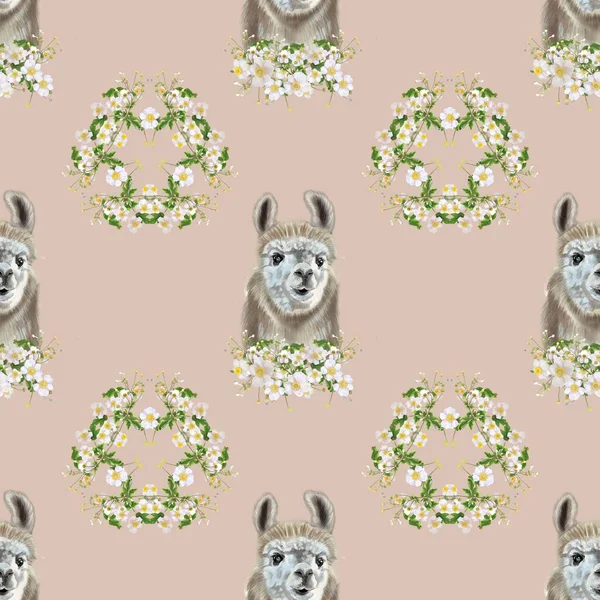 Akwarela bezszwowy wzór Lama i Alpaca w kwiatach — Zdjęcie stockowe