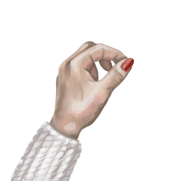 Akwarela lewa ręka z czerwonym manicure. trzymanie za rękę. izolowany na białym tle. — Zdjęcie stockowe