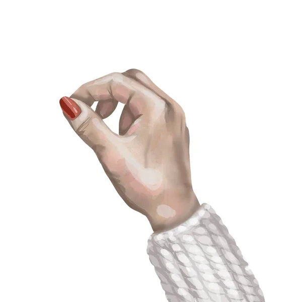 Aguarela mão direita com manicure vermelho. mão segura. isolado sobre um fundo branco. — Fotografia de Stock