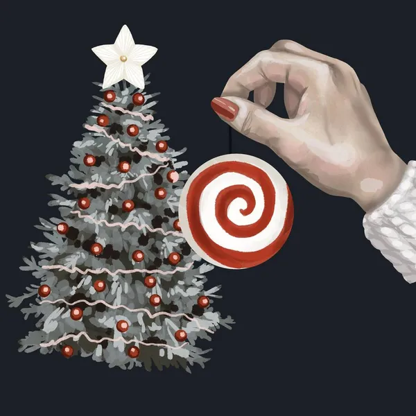 Escena de acuarela. decora el árbol para Navidad. cuelga un juguete de árbol de Navidad en el árbol de Navidad. — Foto de Stock