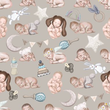 Yeni doğmuş bebeklerin suluboya desenleri. Bebek Duşu Boho.