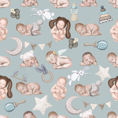 Yeni doğmuş bebeklerin suluboya desenleri. Bebek Duşu Boho.