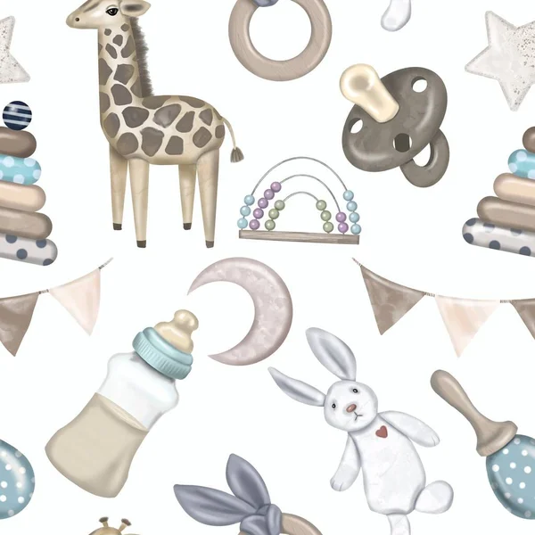Watercolor seamless pattern for children. Childrens toys, nipple, giraffe, bunny on a white background. Baby shower — Fotografia de Stock