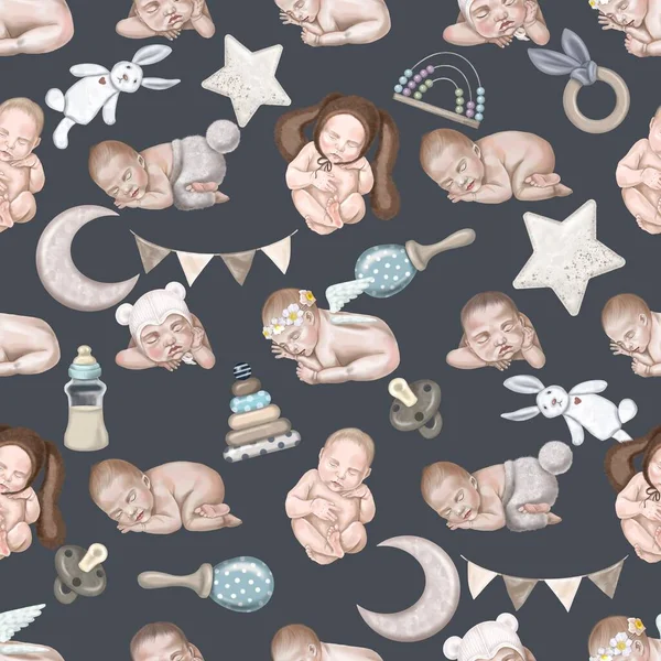 Watercolor seamless pattern of newborn babies. Baby Shower Boho. — Zdjęcie stockowe