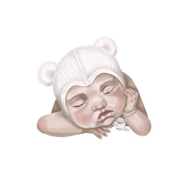 Bir suluboya bebek beyaz arka planda izole edilir. Yeni doğmuş bebek uyuyor.