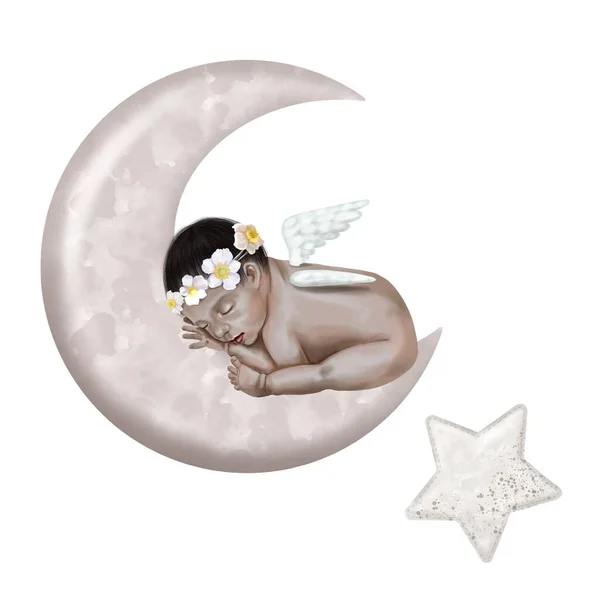 Watercolor illustration of a newborn baby sleeping on the moon. child with wings and wreath — Stock Fotó