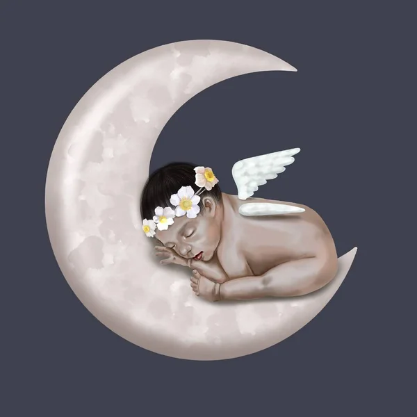 Watercolor illustration of a newborn baby sleeping on the moon. child with wings and wreath — Stockfoto