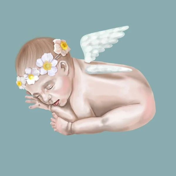 Bebé recién nacido acuarela sobre un fondo azul. un bebé con alas y una corona de flores blancas. — Foto de Stock