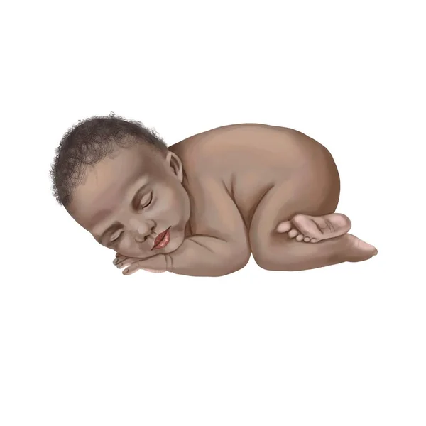 Infante afroamericano durmiendo. Ilustración en acuarela de un bebé recién nacido. — Foto de Stock