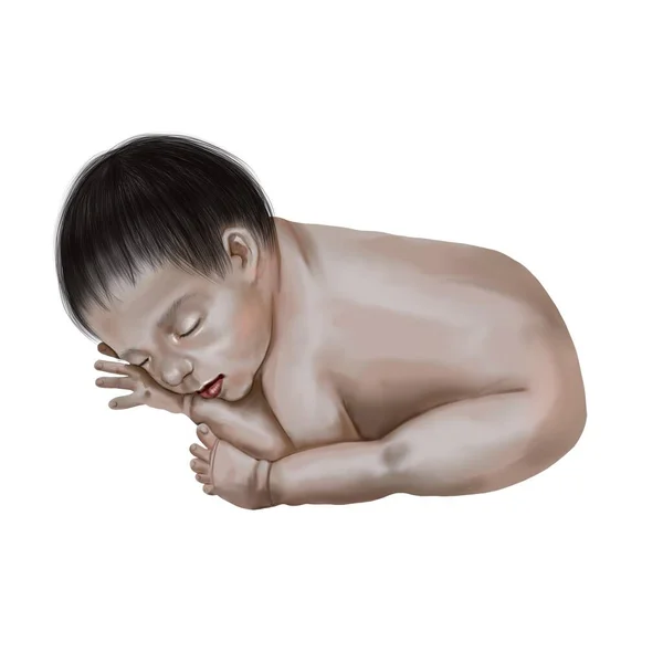 Seorang bayi Asia yang baru lahir sedang tidur. Bayi realistik cat air — Stok Foto