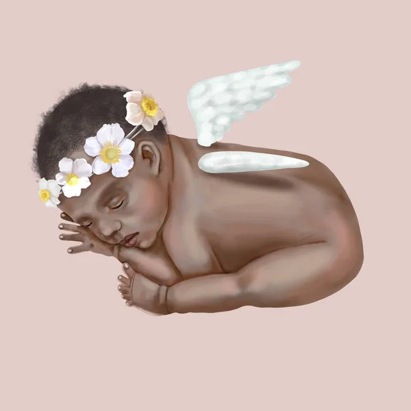 Aquarel pasgeboren baby Afro-Amerikaans. een baby met witte vleugels en witte bloemen op het hoofd. — Stockfoto