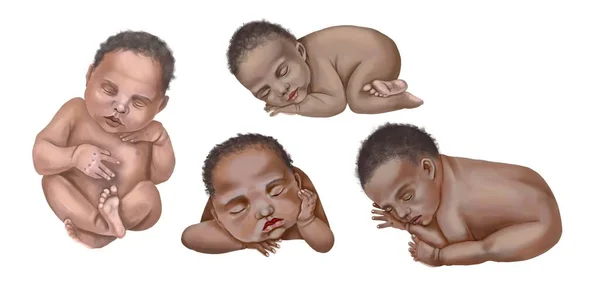 아프리카 계 미국인 신생아의 워터 컬러 세트. 현실적 인 예 — 스톡 사진