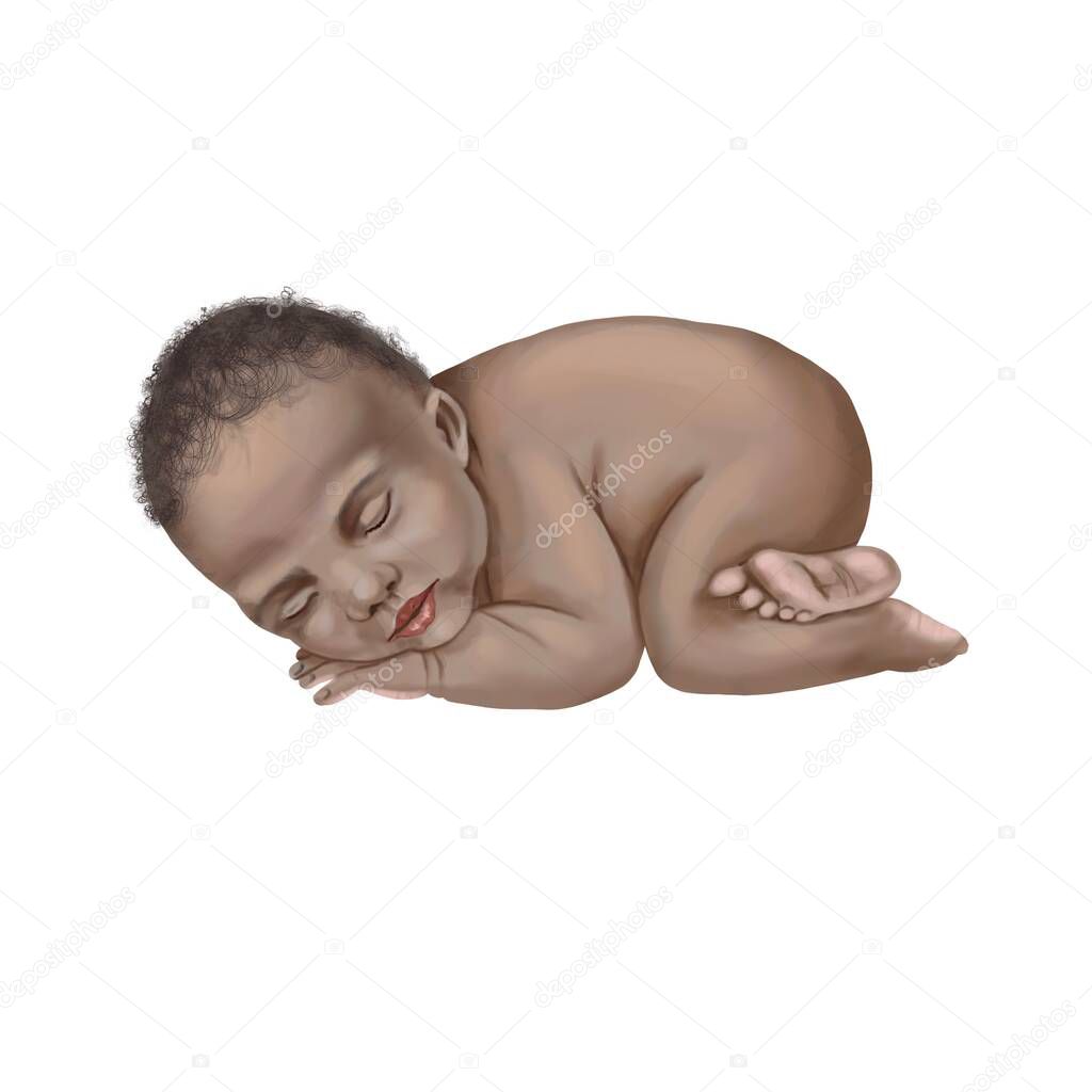 African American infant sleeping. Watercolor illustration of a newborn baby.