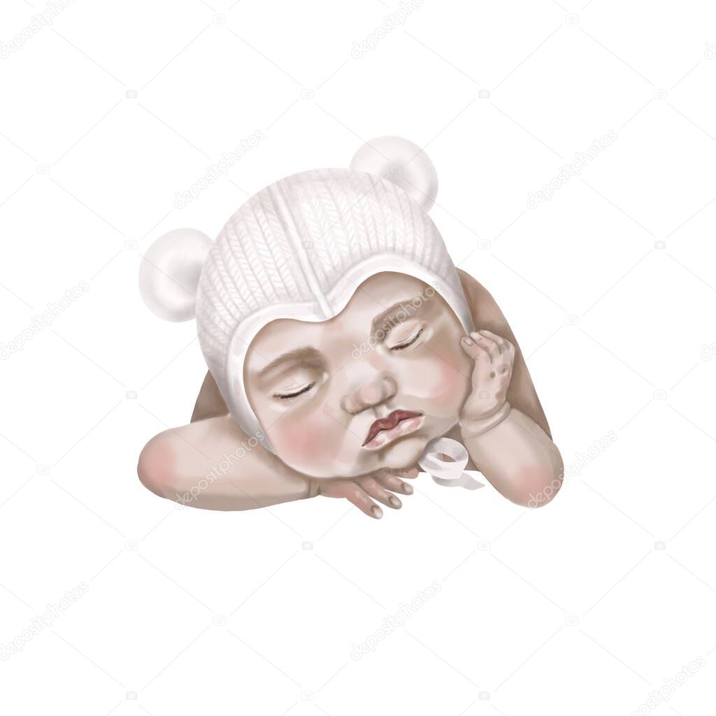 A watercolor infant is isolated on a white background. Newborn baby sleeps