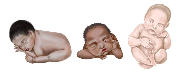 Nyfödda barn av olika nationalitet. Vattenfärg uppsättning spädbarn — Stockfoto