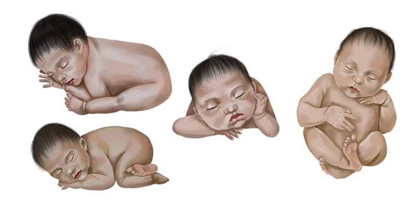 Yeni doğmuş bebeklerin suluboya seti. Beyaz arka planda Asyalı görünümlü bebekler izole edilmiş — Stok fotoğraf