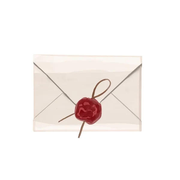 Akvarell kuvert med ett brev. Försegla i form av ett hjärta. Postbrev isolerad på en vit bakgrund — Stockfoto