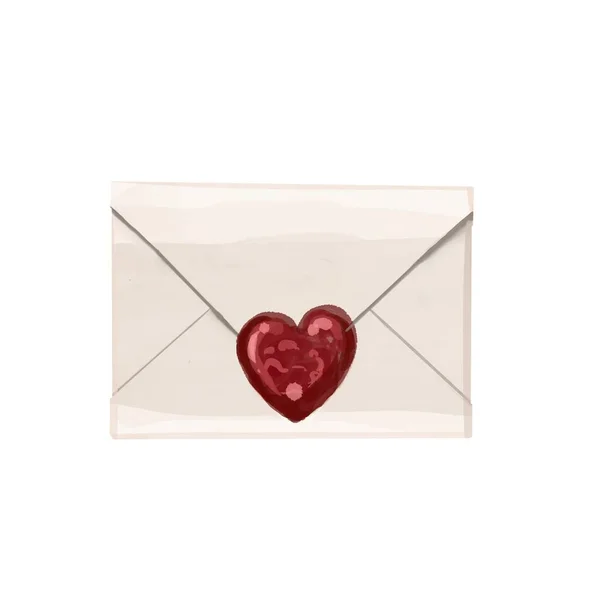 Watercolor envelope with a letter. Seal in the shape of a heart. Postal letter isolated on a white background — стоковое фото