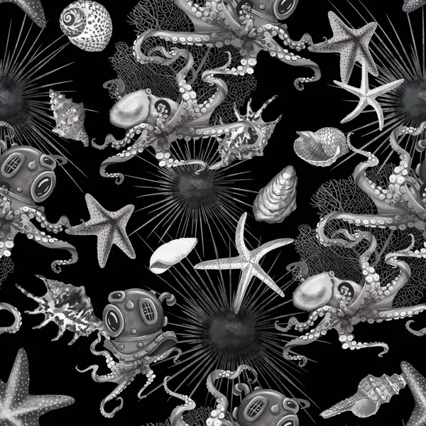 Watercolor seamless drawing of sea creatures. Octopuses, starfish and shells are black and white. Digital Paper — Stock Photo, Image