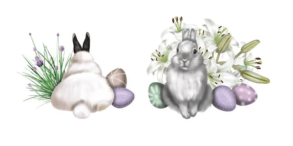 Akvarell påsk sammansättning. kaniner, påskägg och blommor — Stockfoto
