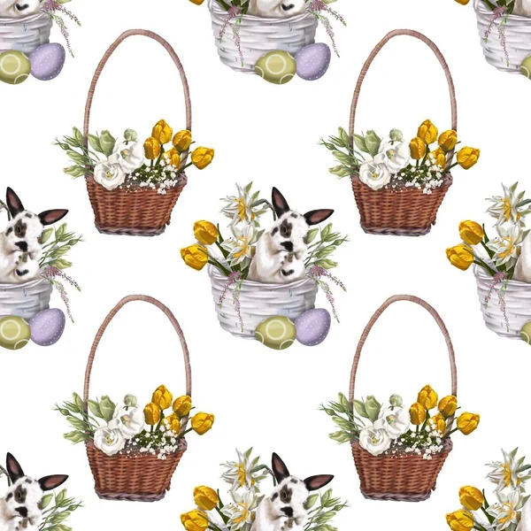 Aquarelle motif de Pâques sans couture. Illustration de Pâques. Lapin, panier de fleurs et oeufs de Pâques — Photo