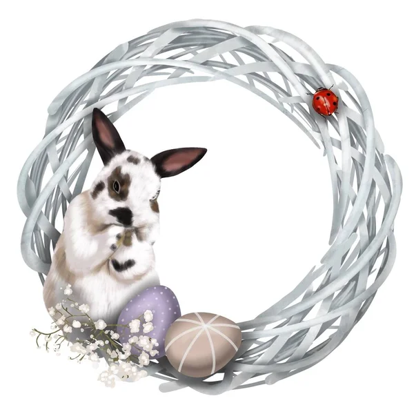 Akwarelowy wieniec wielkanocny. Ramka z królikiem, pisankami i kwiatami — Zdjęcie stockowe