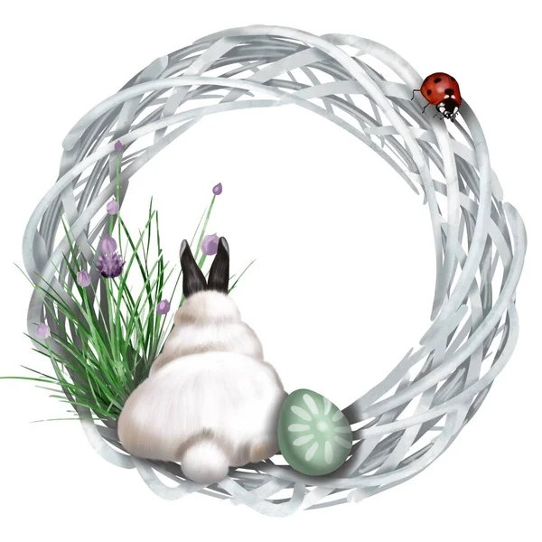 Акварельний великодній вінок. Рамка з кроликом, великодні яйця та квіти — стокове фото
