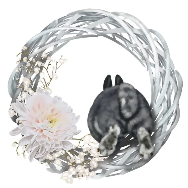 水彩画复活节花环有兔子、复活节彩蛋和花朵的框架 — 图库照片