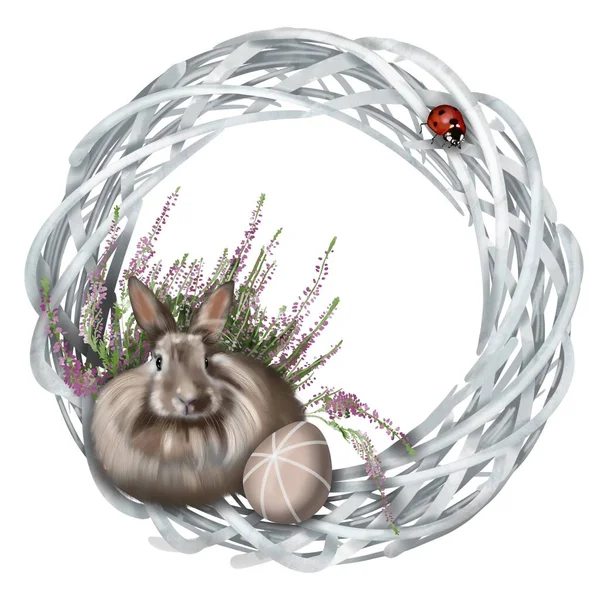 Grinalda de Páscoa aquarela. Moldura com coelho, ovos de Páscoa e flores — Fotografia de Stock