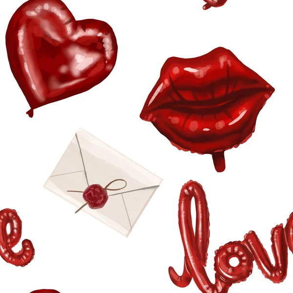 Suluboya kusursuz Sevgililer Günü deseni. Kalpler, toplar, aşk ve öpücükler — Stok fotoğraf
