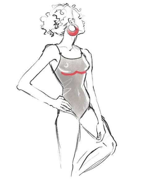 Mody szkic mężczyzny. Linia ilustracji mody sztuki. dziewczyna w stroju kąpielowym i z kolczykami — Zdjęcie stockowe