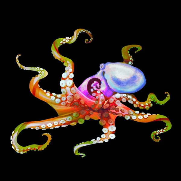 Een levendige aquarelillustratie van een octopus. Octopus met een onderwaterregenboog. — Stockfoto