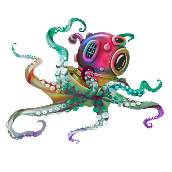 Une illustration aquarelle vivante d'une pieuvre. Poulpe avec casque sous-marin. — Photo