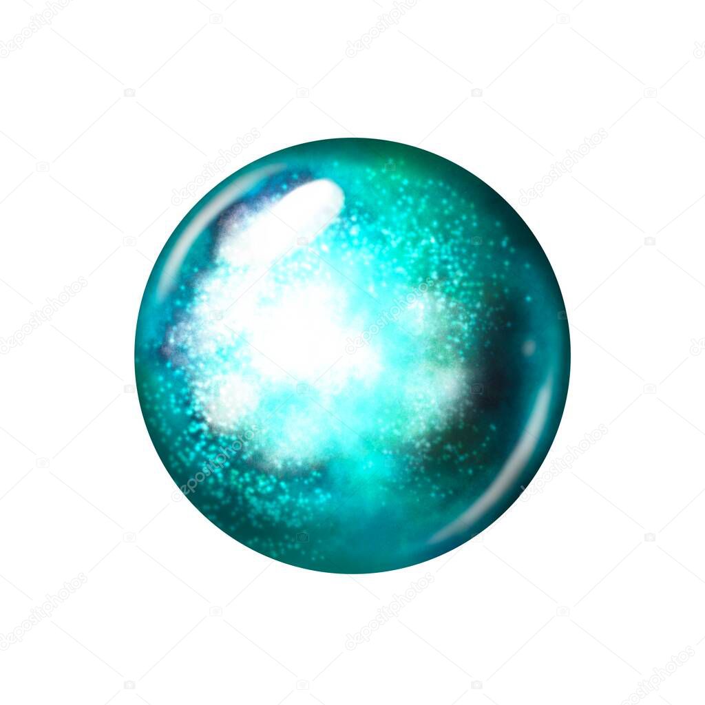 divination ball. blue magic ball. Shiny realistic ball. Watercolor illustration