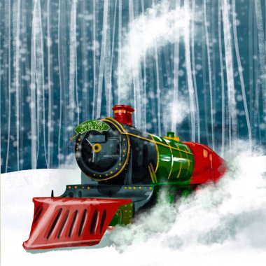 Christmas card. A Christmas locomotive against the backdrop of a winter forest. Watercolor illustration. High quality illustration