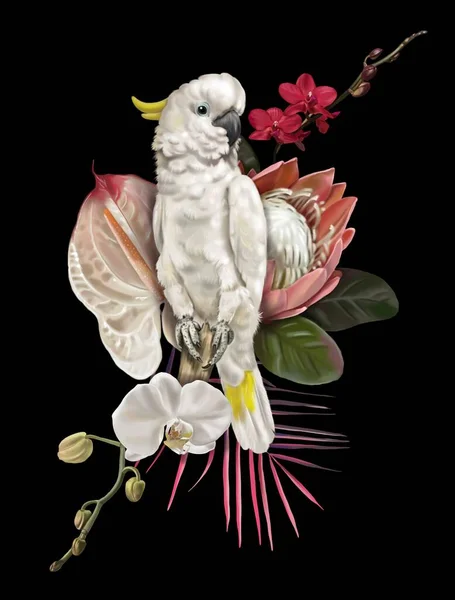Птах Раю Тропічний Букет Білі Какакаду Прота Антурій Орхідеї Реалістичний — стокове фото