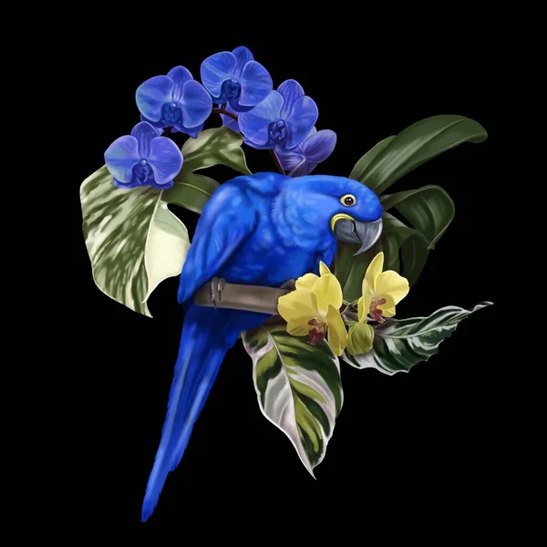 Bird Paradise Tropical Bouquet Blue Macaw Monstera Orchids Realistic Illustration — 图库照片