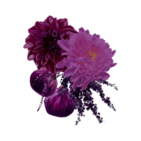 Purple bouquets. Purple flowers, berries and figs. High quality illustration