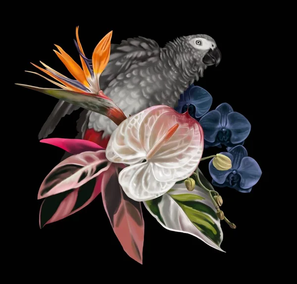 Bird Paradise Tropical Bouquet Grey Parrot Strelitzia Anthurium Orchids Realistic — 图库照片