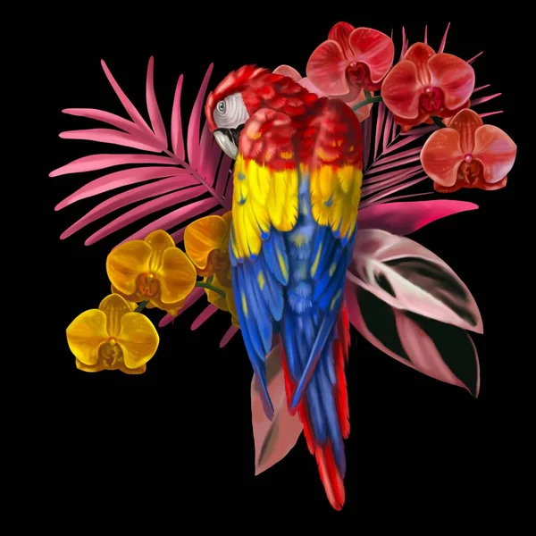 Tropical bouquet. Macaws, orchids and palm leaves. Realistic illustration. High quality illustration