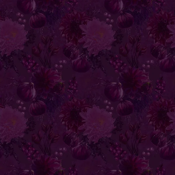 Purple Seamless Pattern Purple Flowers Berries Figs High Quality Illustration — Zdjęcie stockowe