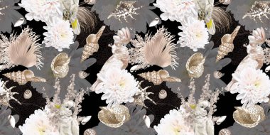 watercolor seamless boho pattern. parrots, flowers and shells. beige pattern. High quality illustration