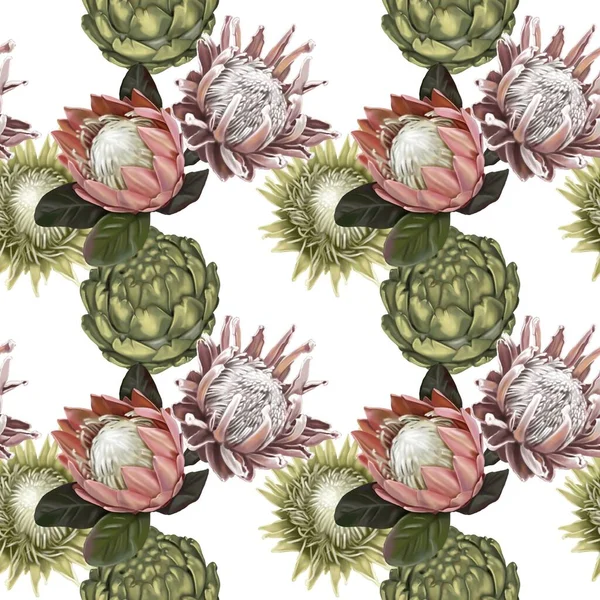 Protea Seamless Pattern Watercolor Realist Flowers Protea Anthurium Illustration Wallpaper — Fotografia de Stock