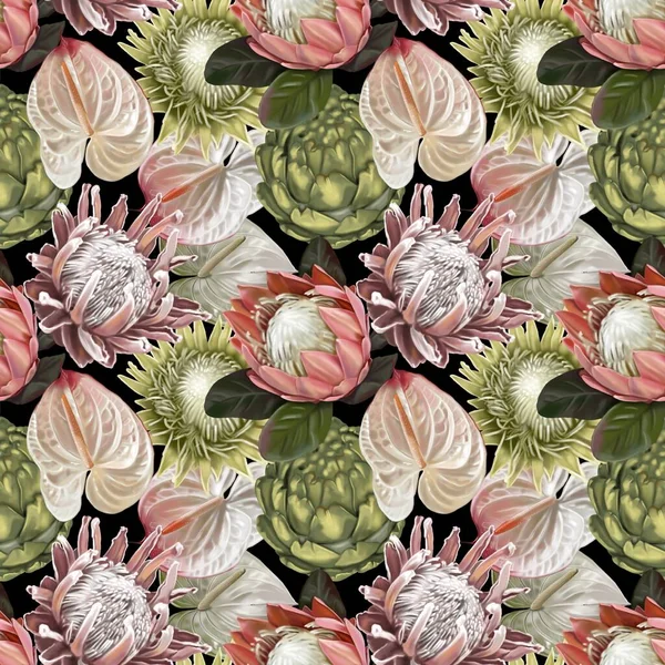 Protea Seamless Pattern Watercolor Realist Flowers Protea Anthurium Illustration Wallpaper — Zdjęcie stockowe