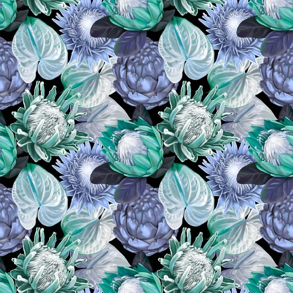 Protea Seamless Pattern Watercolor Realist Flowers Protea Anthurium Illustration Wallpaper — Stockfoto