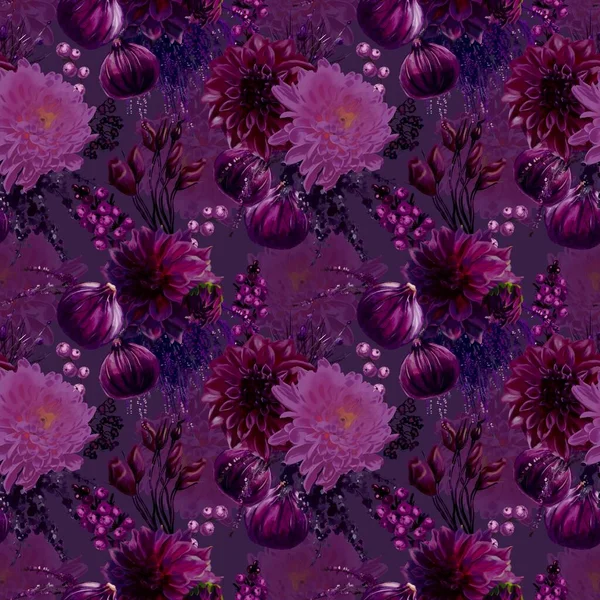 Purple seamless pattern. Purple flowers, berries and figs. High quality illustration